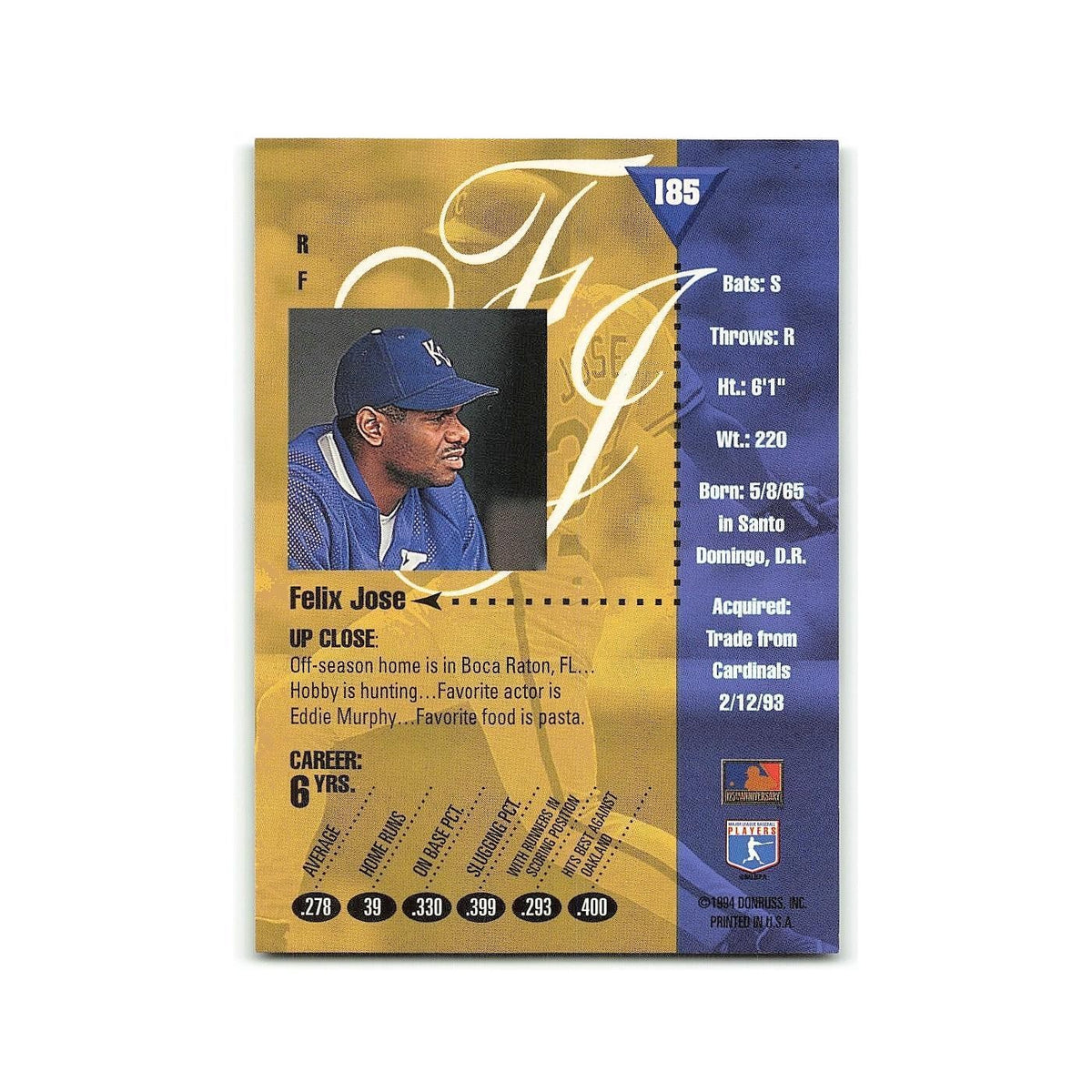 Felix Jose 1994 Studio #185 Kansas City Royals Baseball Card NM