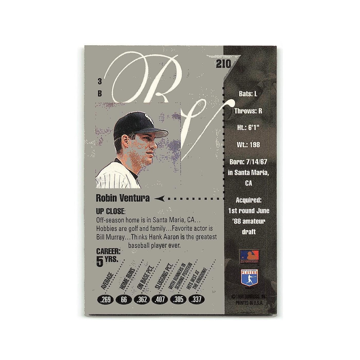 Robin Ventura 1994 Studio #210 Chicago White Sox Baseball Card NM