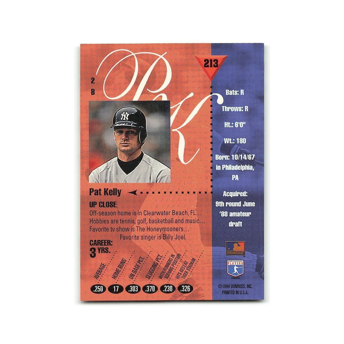 Pat Kelly 1994 Studio #213 New York Yankees Baseball Card NM
