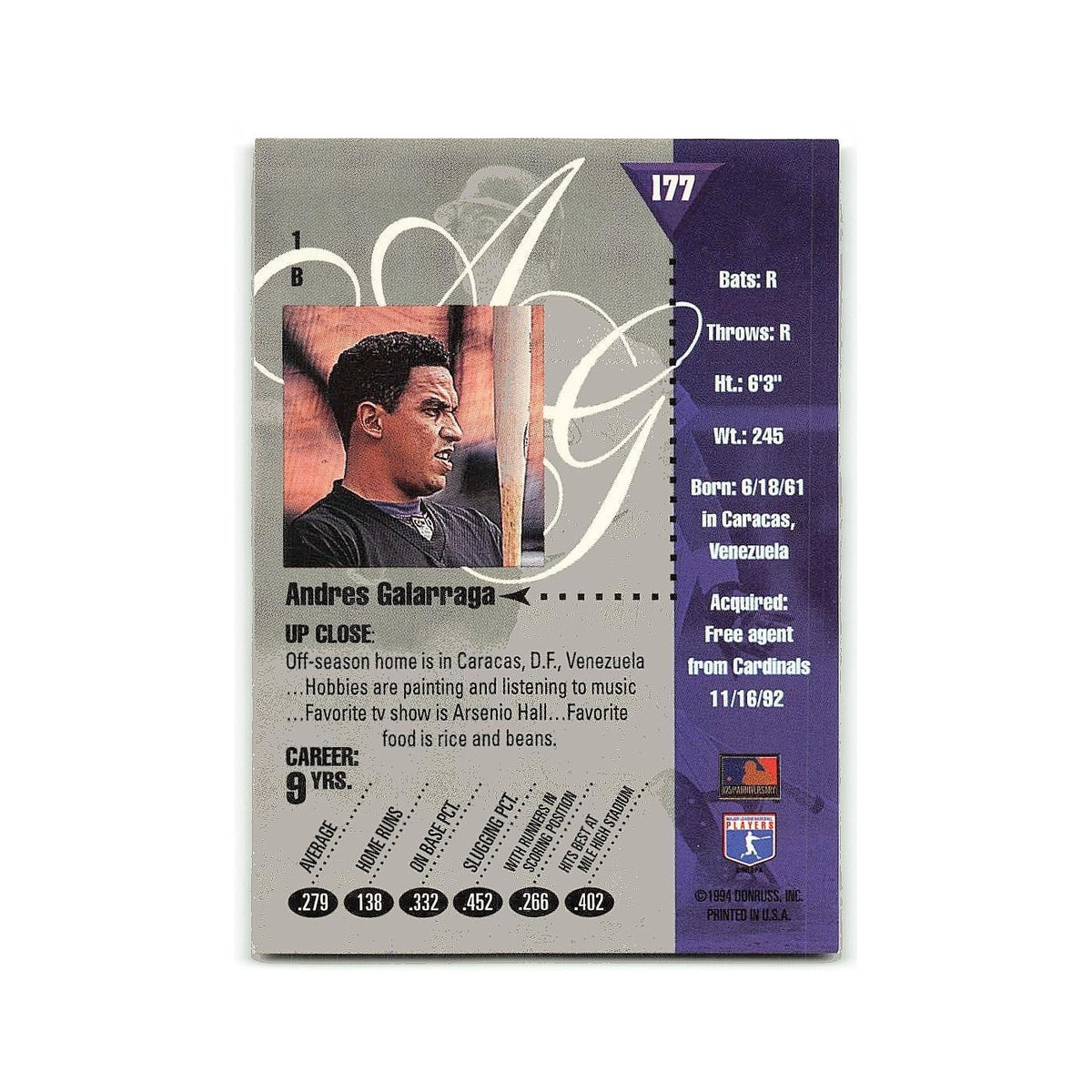 Andres Galarraga 1994 Studio #177 Colorado Rockies Baseball Card NM
