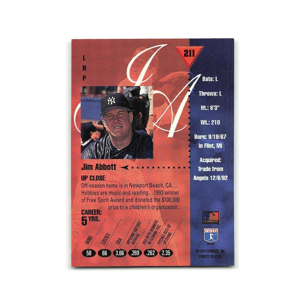 Jim Abbott 1994 Studio #211 New York Yankees Baseball Card NM