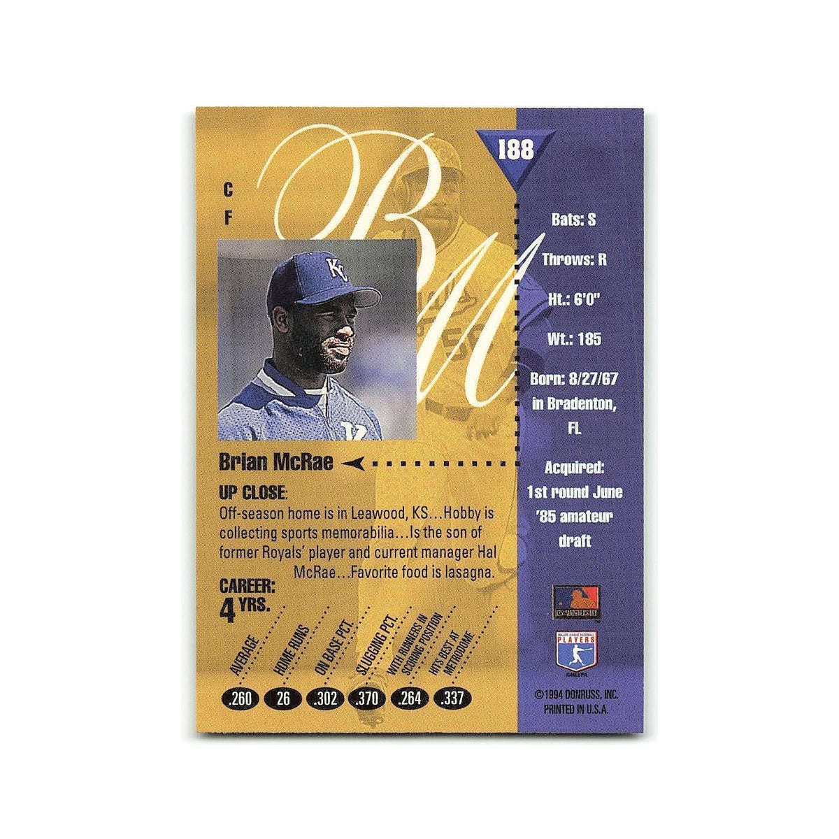 Brian McRae 1994 Studio #188 Kansas City Royals Baseball Card NM