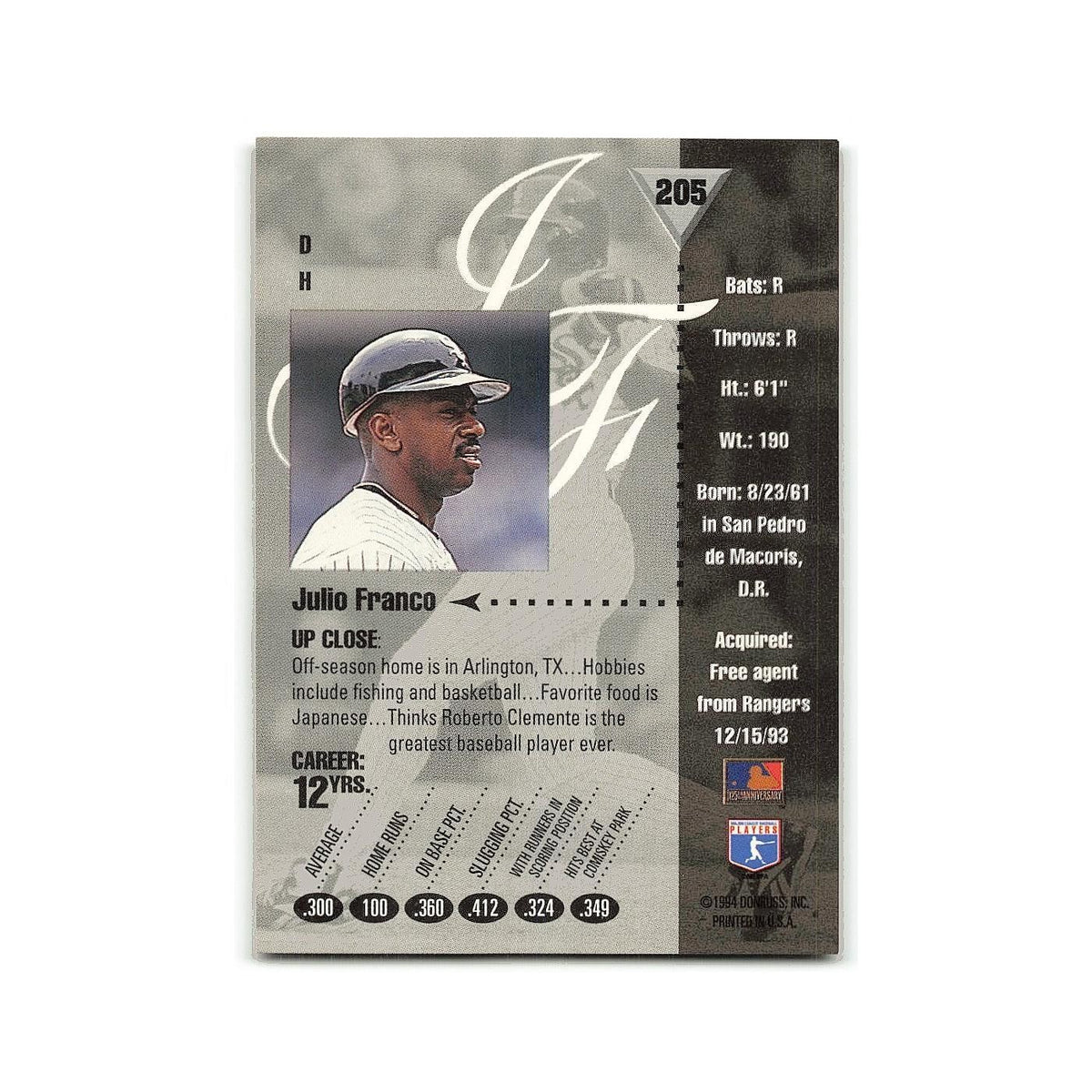 Julio Franco 1994 Studio #205 Chicago White Sox Baseball Card NM
