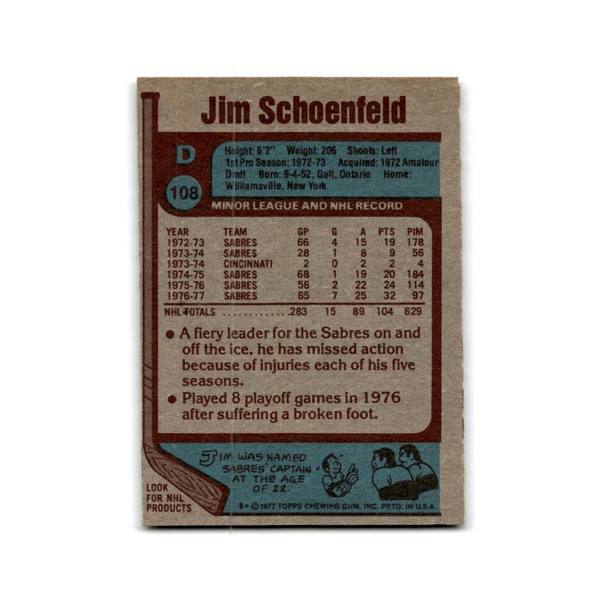 1977 Topps Jim Schoenfeld Buffalo Sabres #108