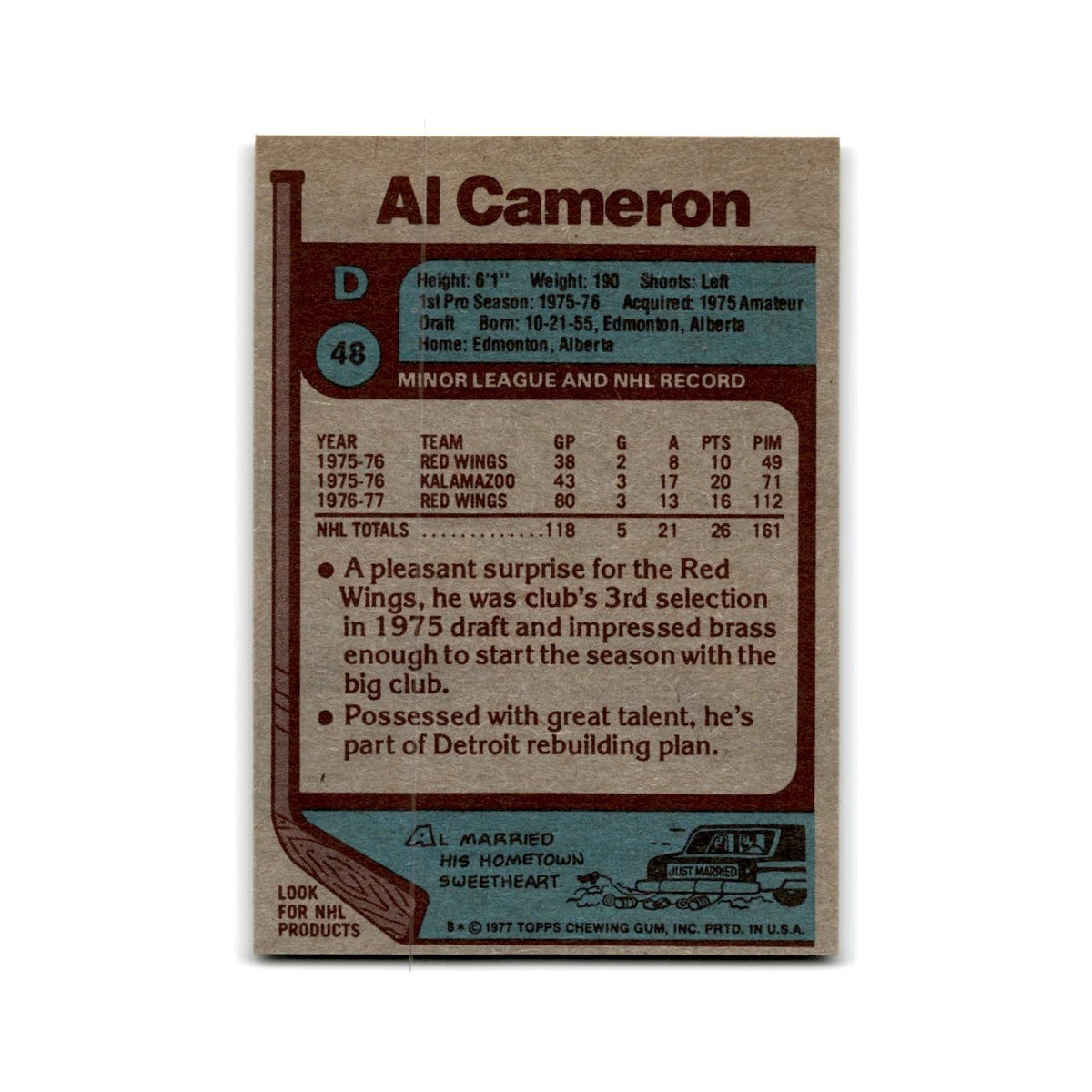 1977 Topps Al Cameron RC Detroit Red Wings #48