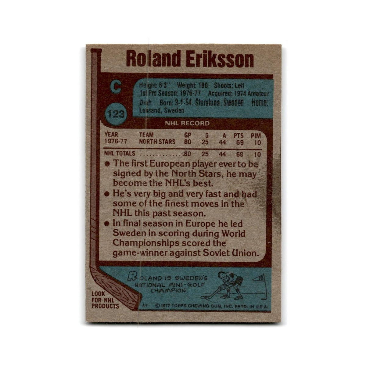 1977 Topps Roland Eriksson RC Minnesota North Stars #123