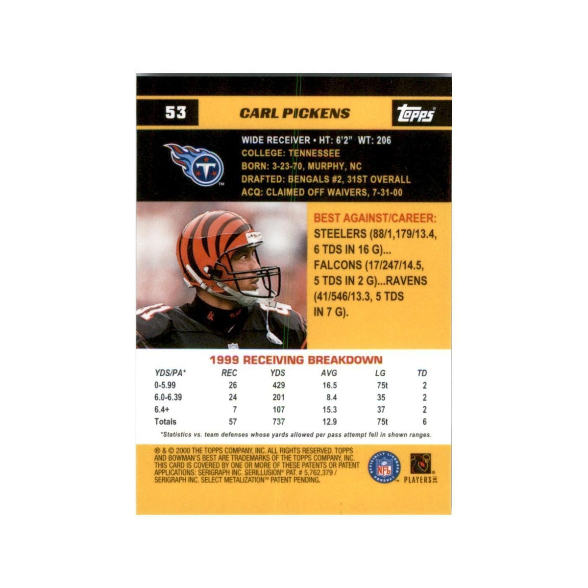 2000 Bowman's Best Carl Pickens Football Cards #53