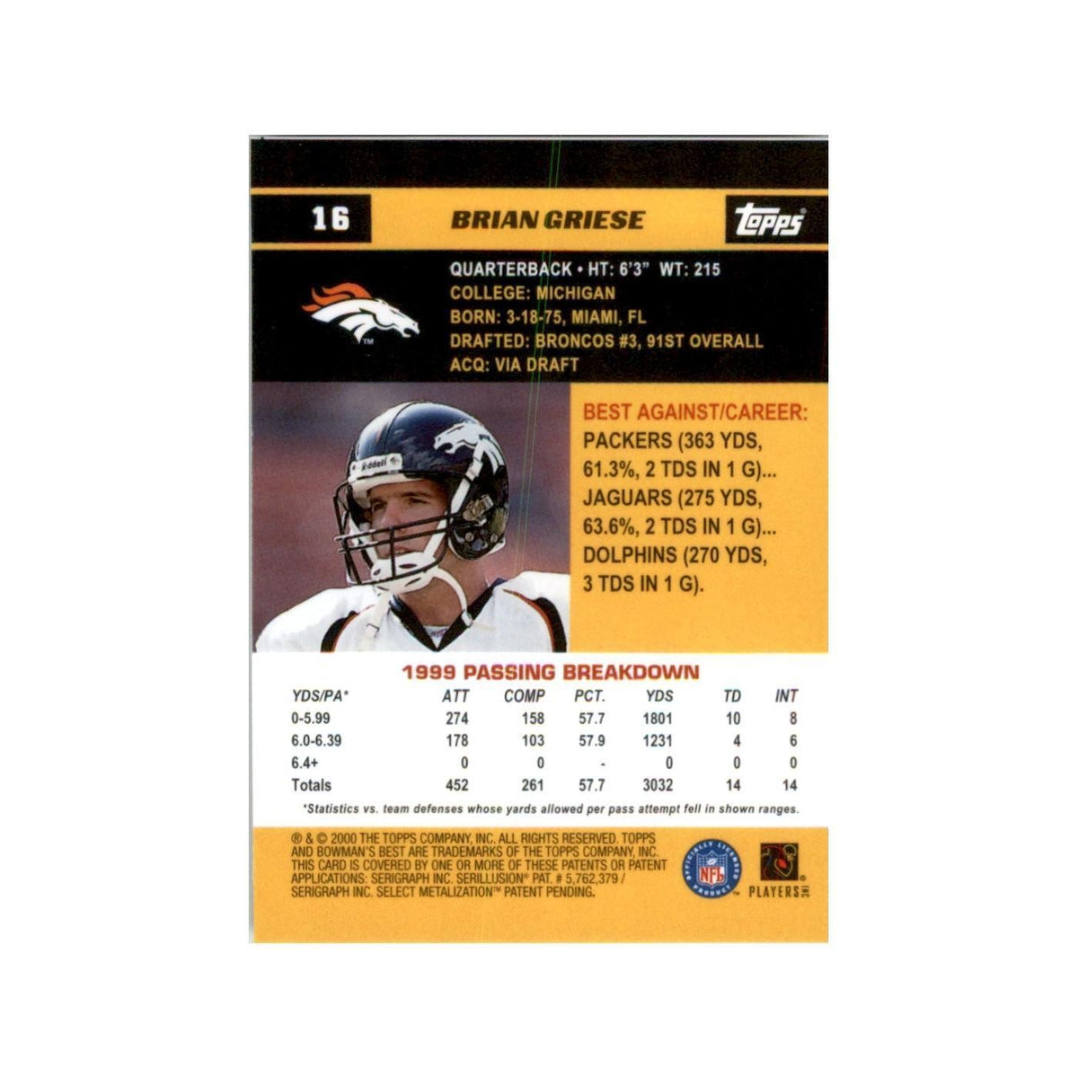 2000 Bowman's Best Brian Griese Football Cards #16