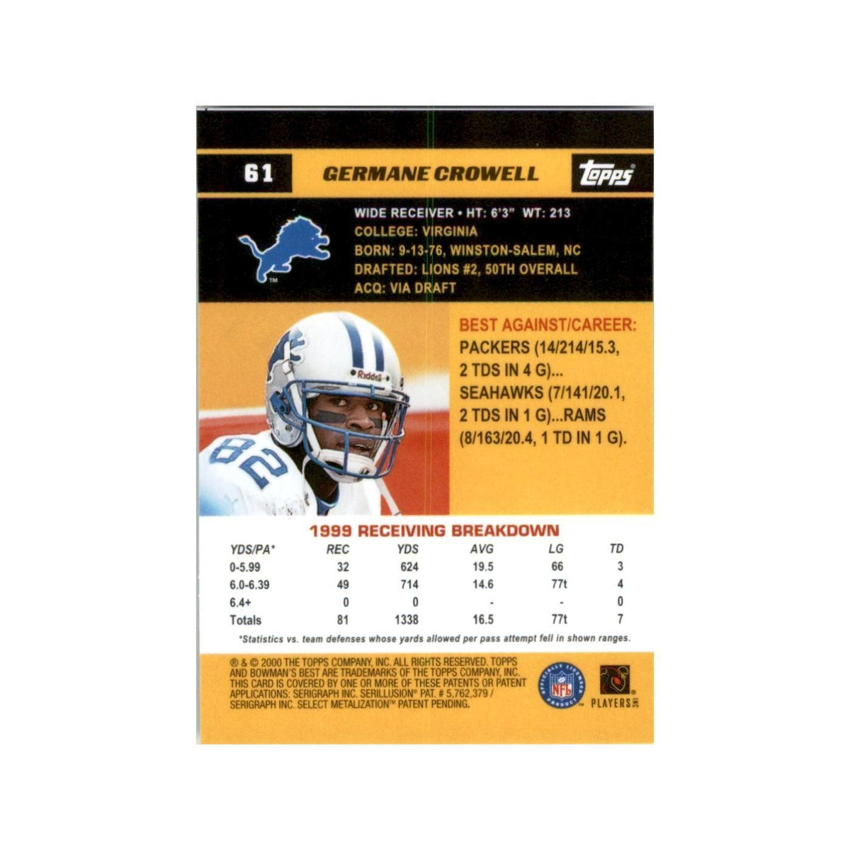 2000 Bowman's Best Germane Crowell Football Cards #61