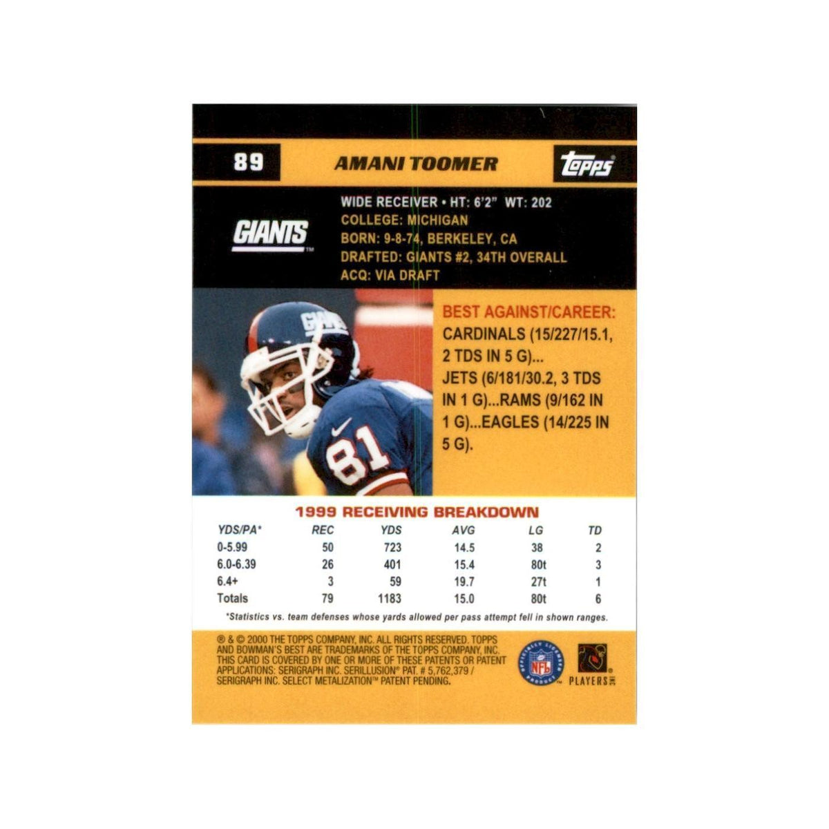 2000 Bowman's Best Amani Toomer Football Cards #89