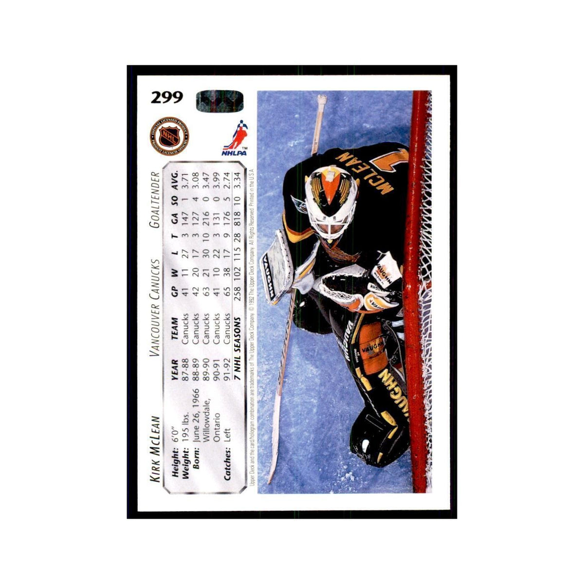 1992 Upper Deck Kirk McLean Hockey Cards #299