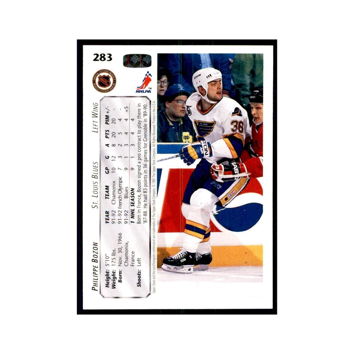 1992 Upper Deck Philippe Bozon Hockey Cards #283
