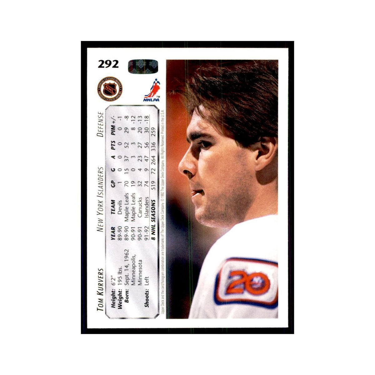 1992 Upper Deck Tom Kurvers Hockey Cards #292