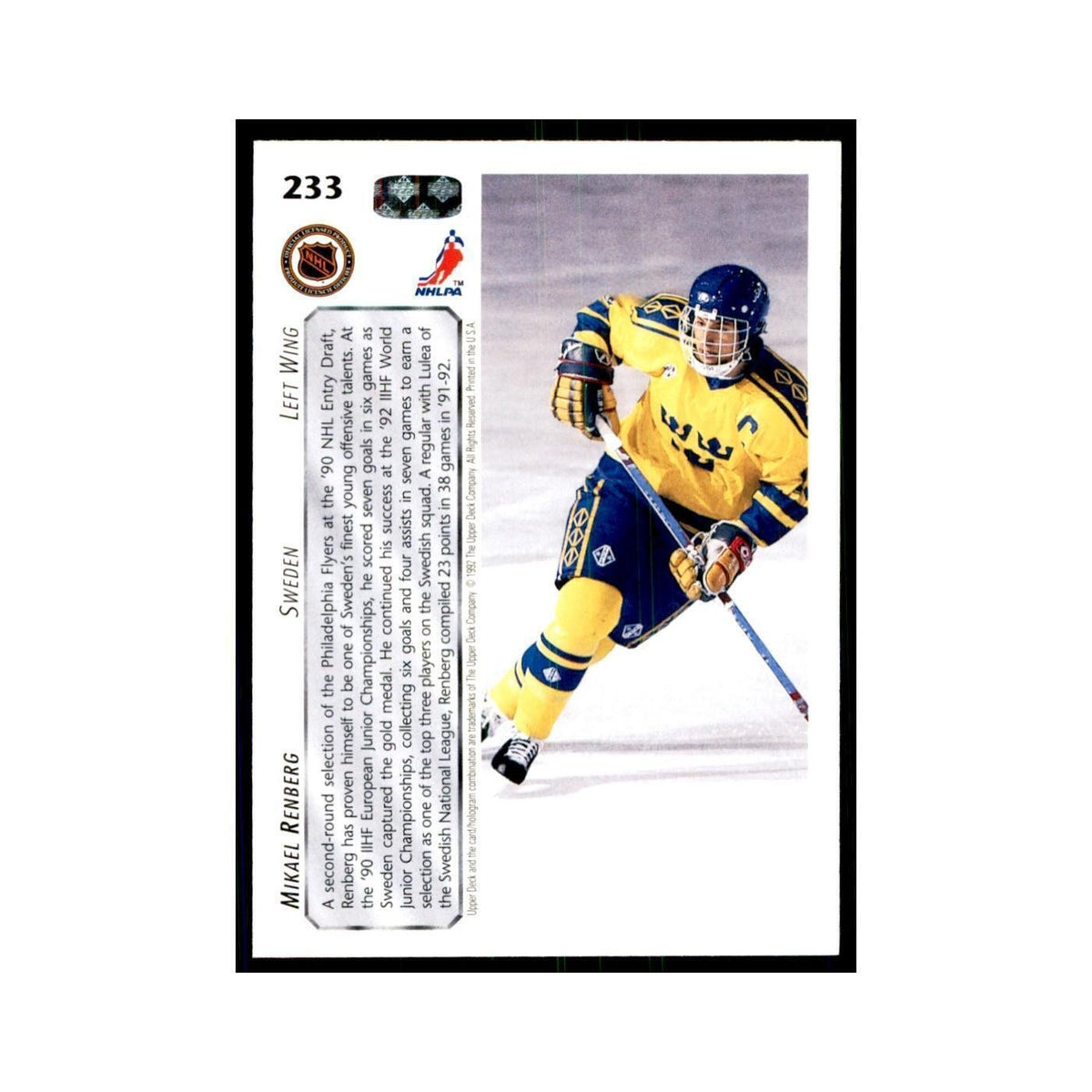 1992 Upper Deck Mikael Renberg Hockey Cards #233