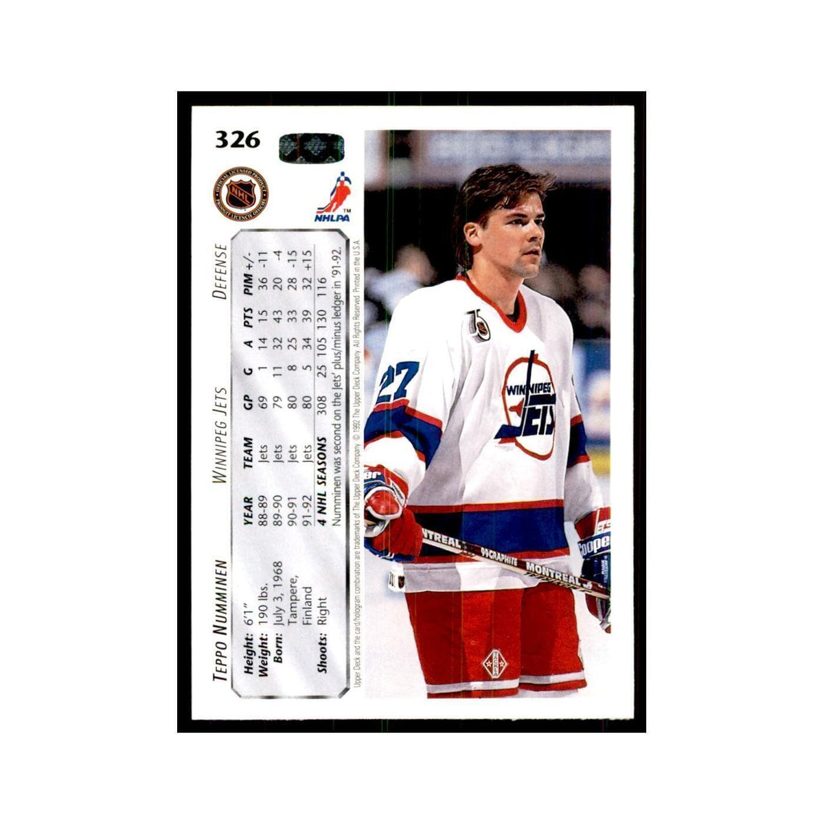 1992 Upper Deck Teppo Numminen Hockey Cards #326