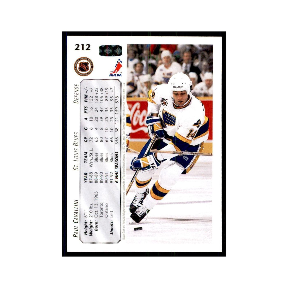 1992 Upper Deck Paul Cavallini Hockey Cards #212