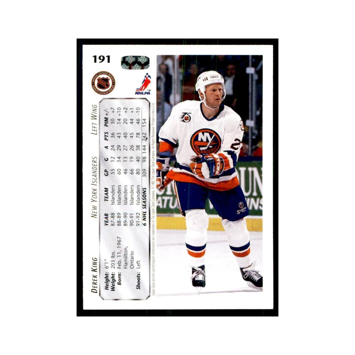 1992 Upper Deck Derek King Hockey Cards #191