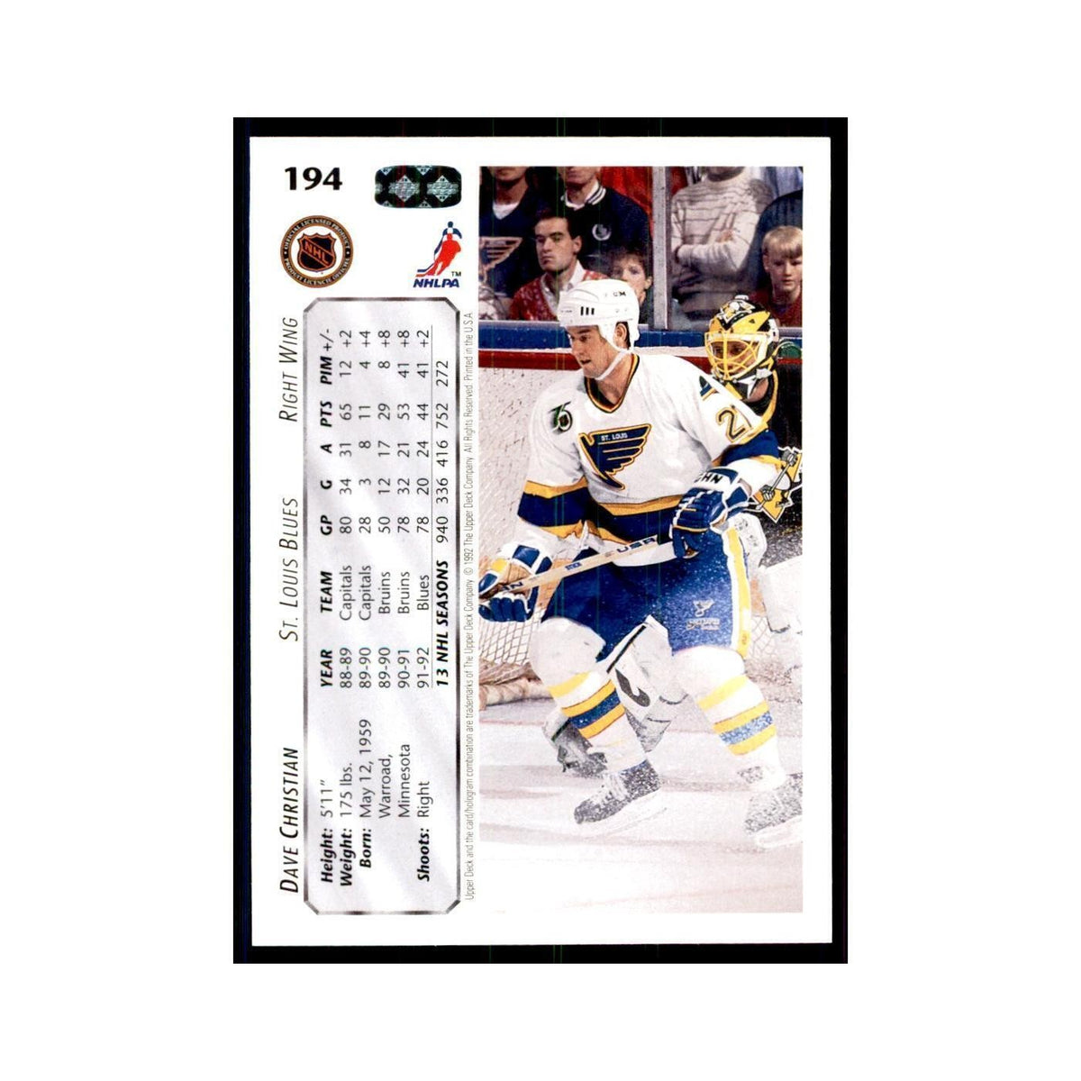 1992 Upper Deck Dave Christian Hockey Cards #194