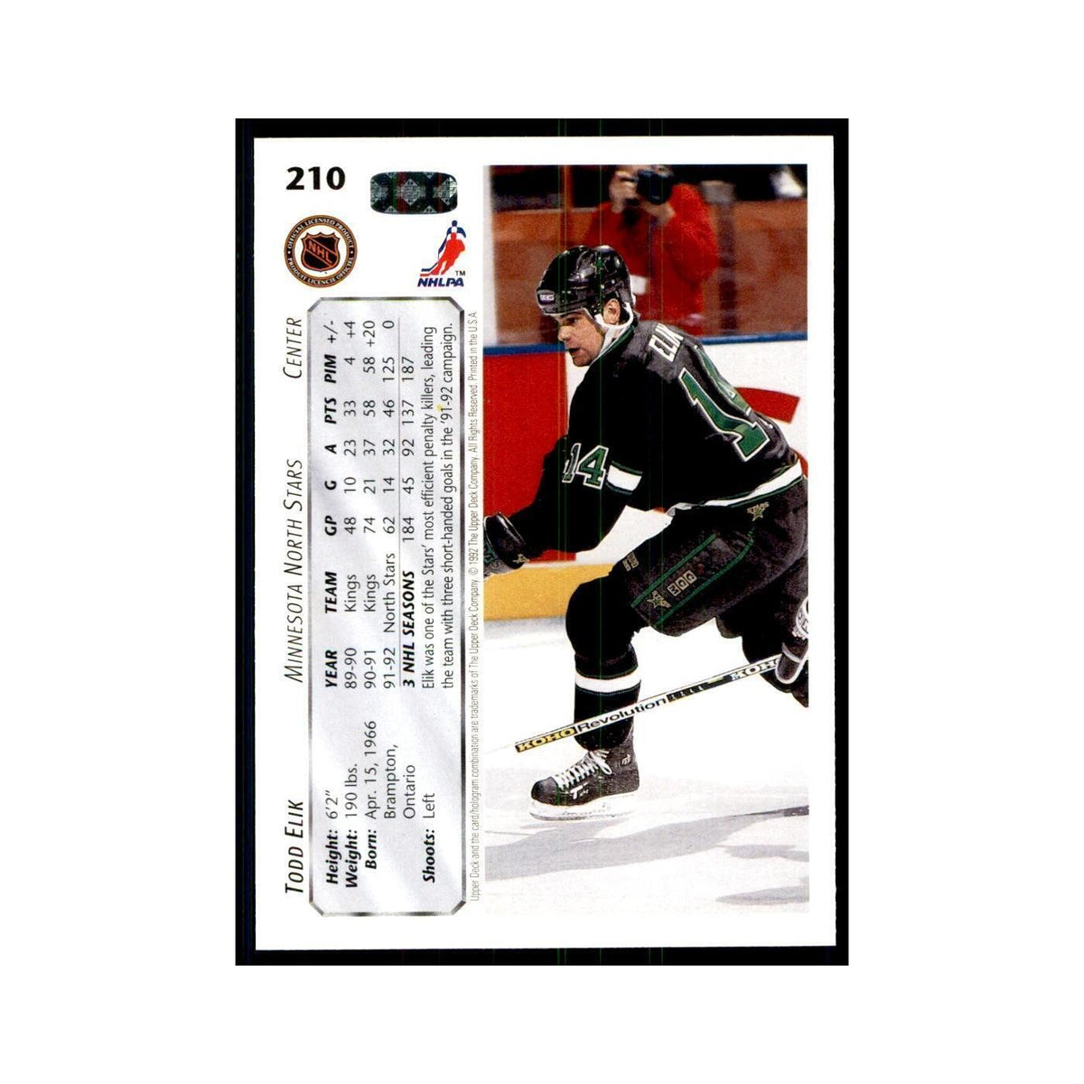 1992 Upper Deck Todd Elik Hockey Cards #210