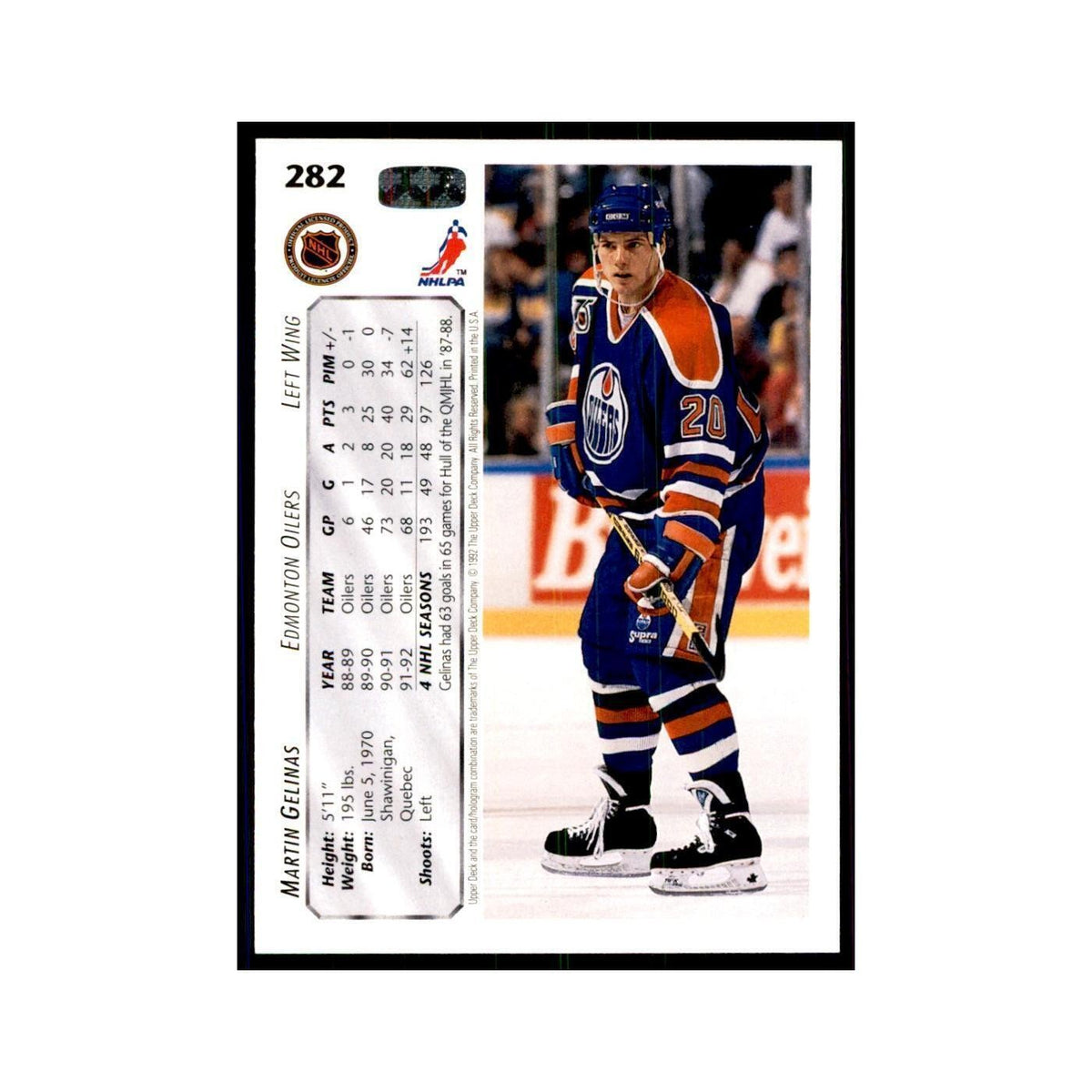 1992 Upper Deck Martin Gelinas Hockey Cards #282