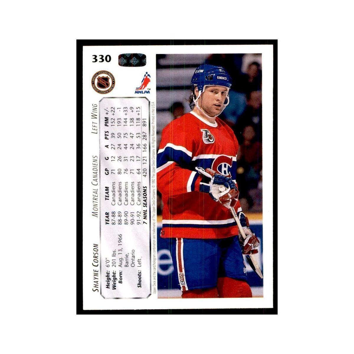 1992 Upper Deck Shayne Corson Hockey Cards #330
