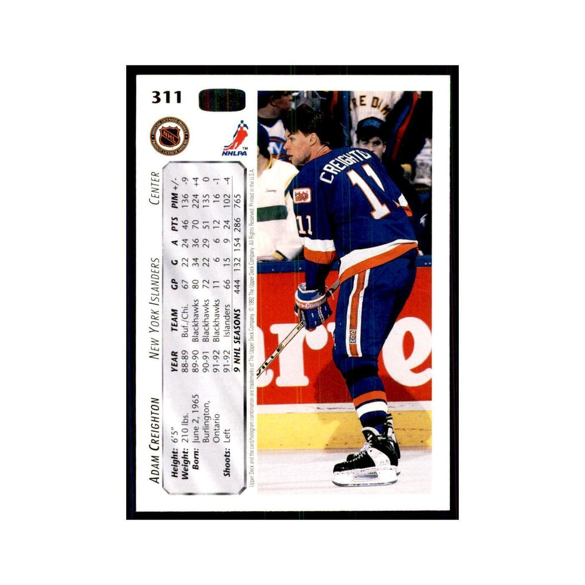 1992 Upper Deck Adam Creighton Hockey Cards #311