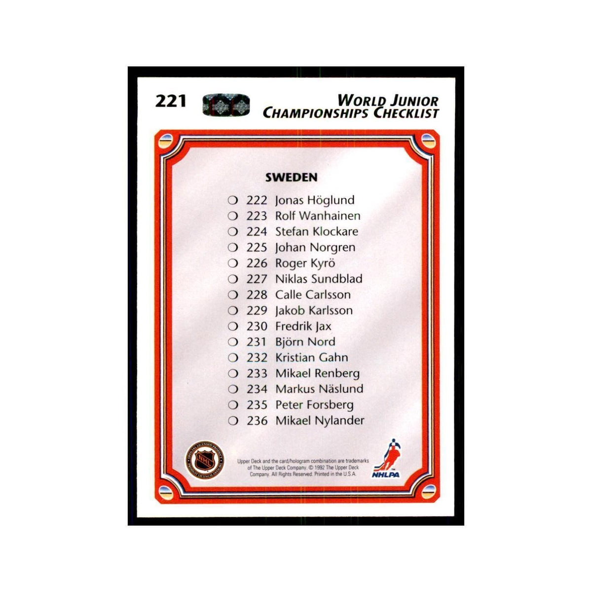 1992 Upper Deck World Junior Championships Checklist Hockey Cards #221