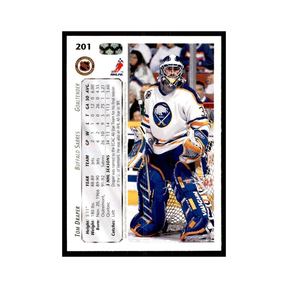 1992 Upper Deck Tom Draper Hockey Cards #201