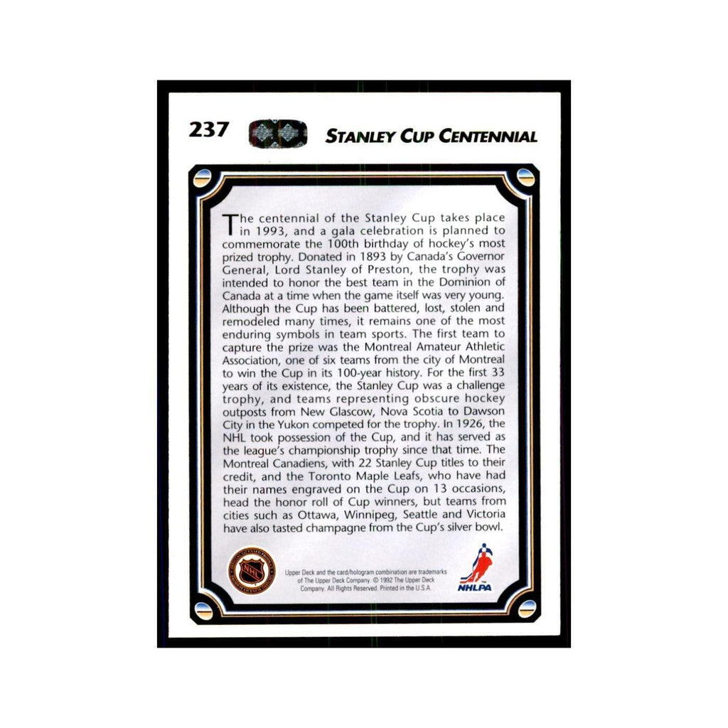 1992 Upper Deck Stanley Cup Centennial Hockey Cards #237