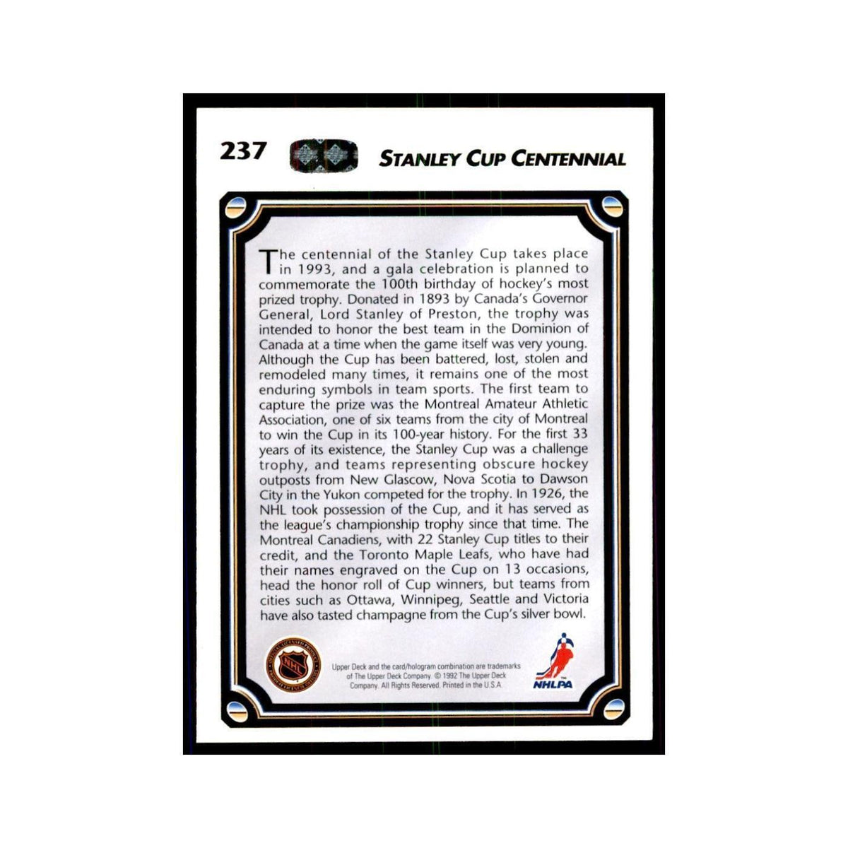 1992 Upper Deck Stanley Cup Centennial Hockey Cards #237