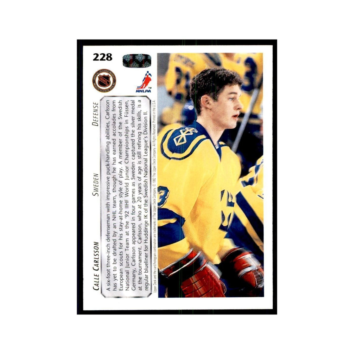 1992 Upper Deck Calle Carlsson Hockey Cards #228