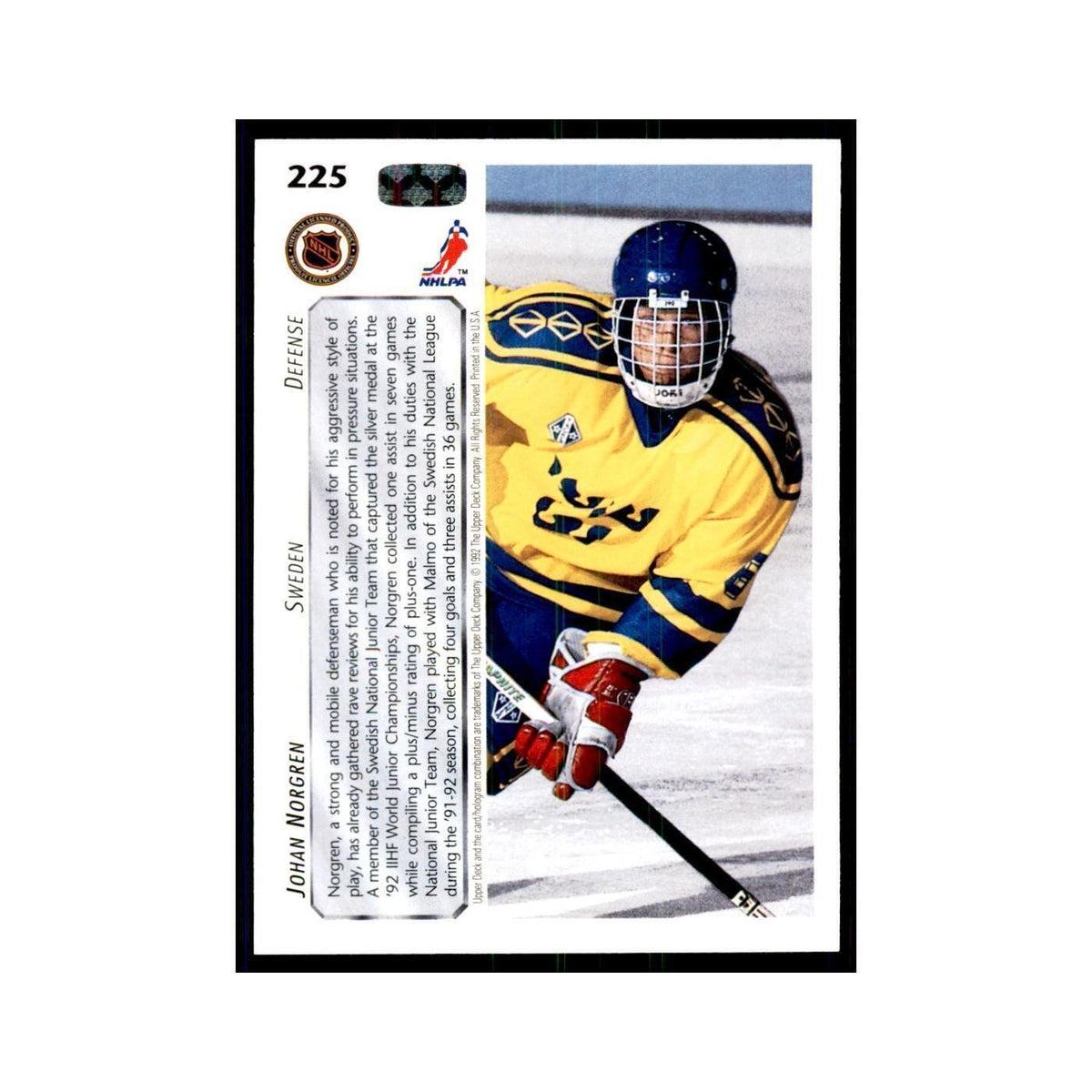 1992 Upper Deck Johan Norgren Hockey Cards #225