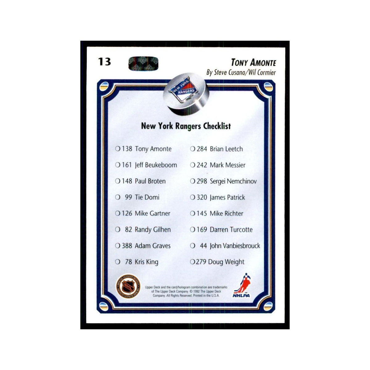 1992 Upper Deck Tony Amonte Hockey Cards #13
