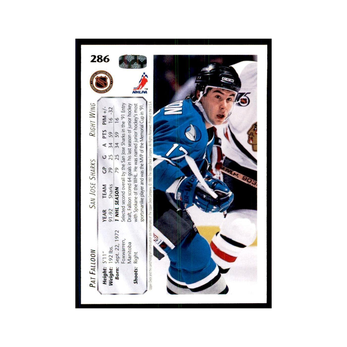1992 Upper Deck Pat Falloon Hockey Cards #286