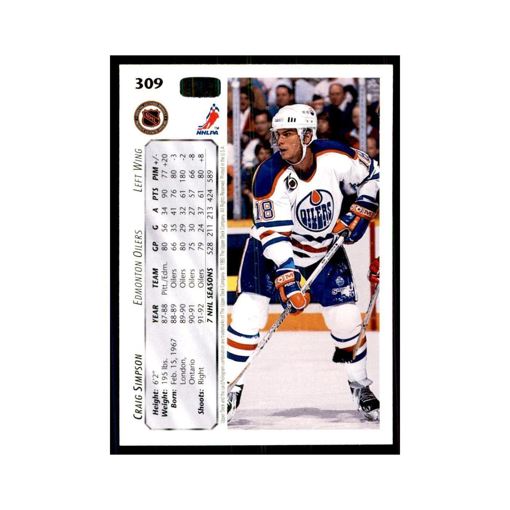 1992 Upper Deck Craig Simpson Hockey Cards #309