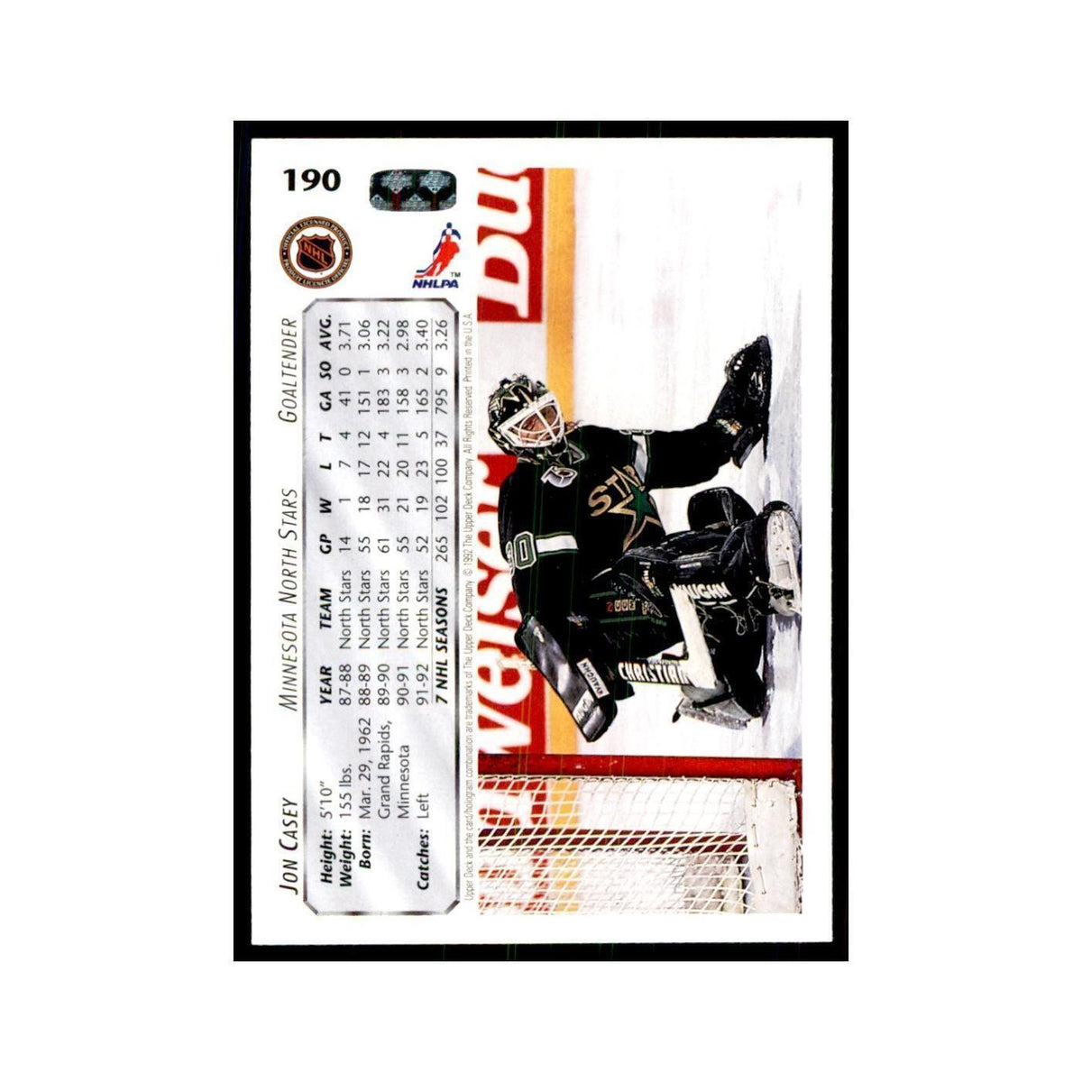 1992 Upper Deck Jon Casey Hockey Cards #190