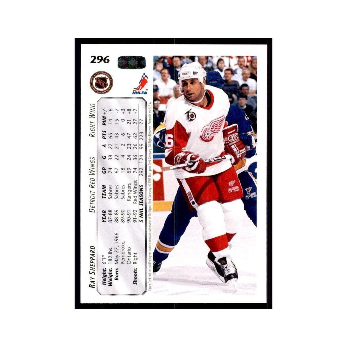 1992 Upper Deck Ray Sheppard Hockey Cards #296