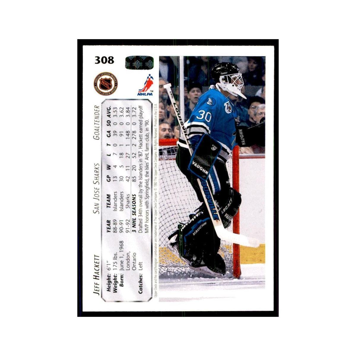 1992 Upper Deck Jeff Hackett Hockey Cards #308
