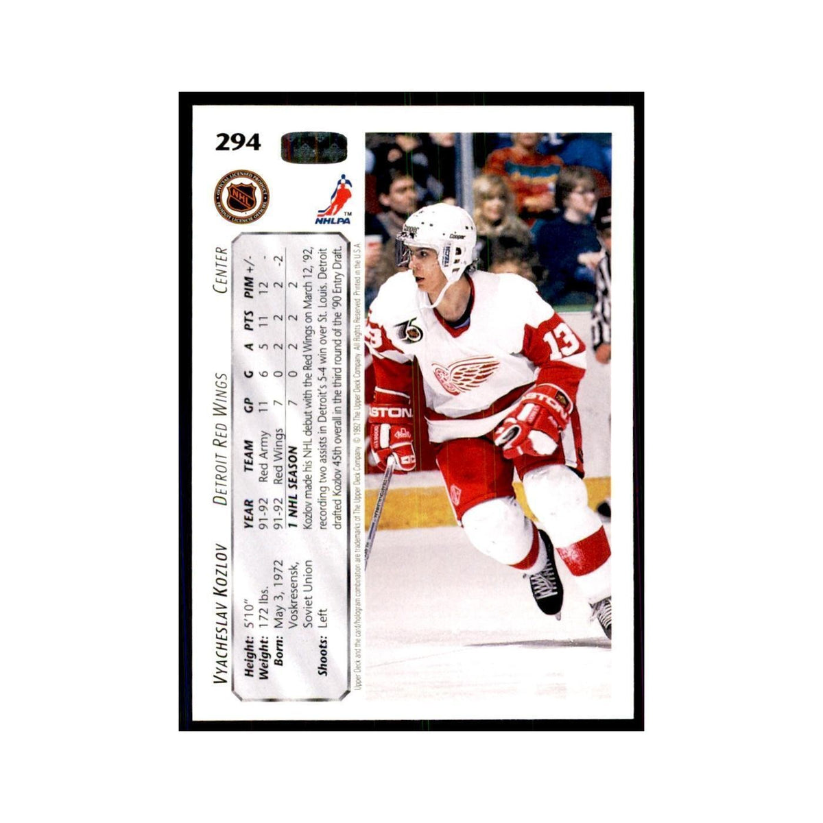 1992 Upper Deck Vyacheslav Kozlov Hockey Cards #294