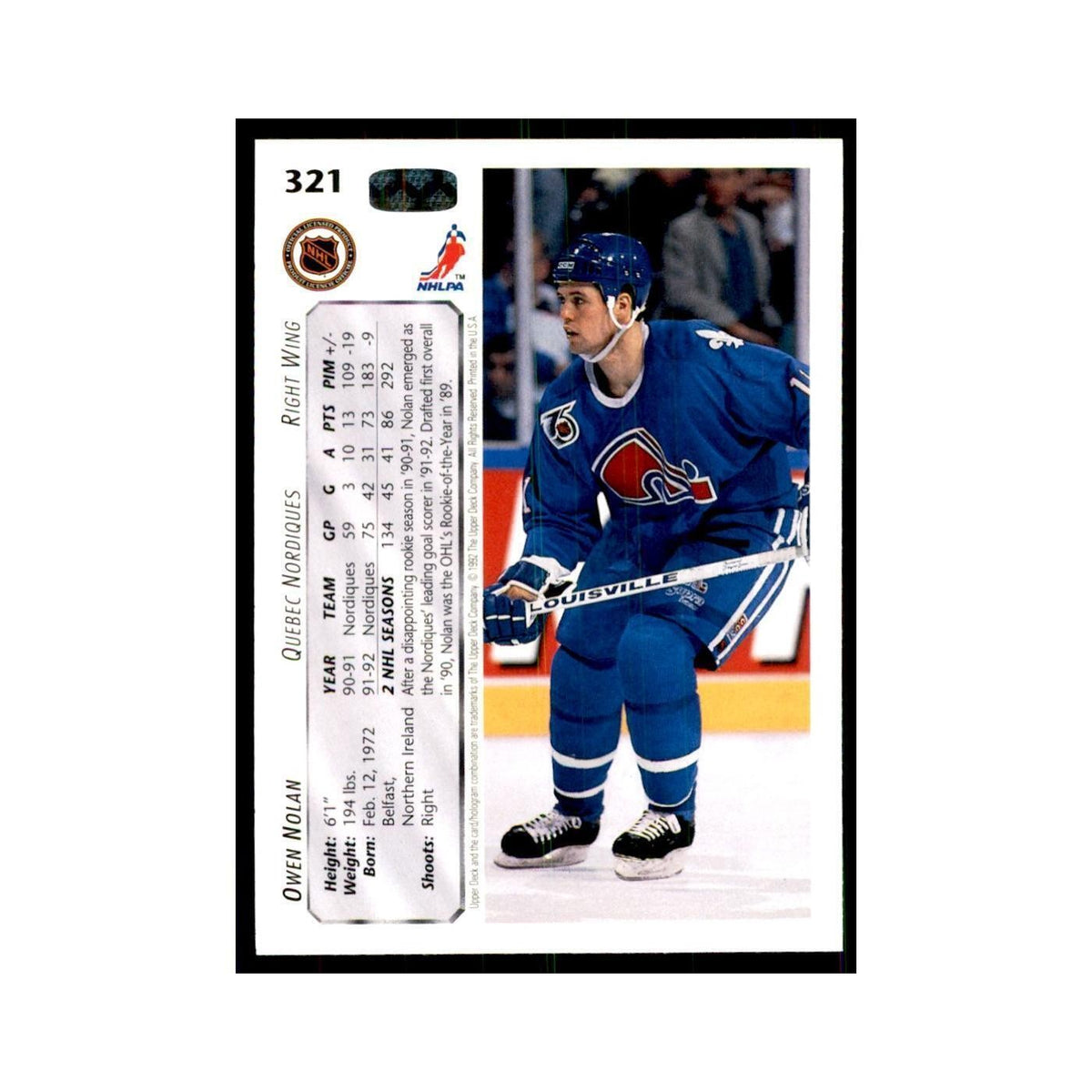 1992 Upper Deck Owen Nolan Hockey Cards #321