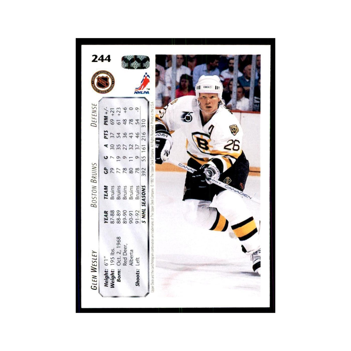 1992 Upper Deck Glen Wesley Hockey Cards #244