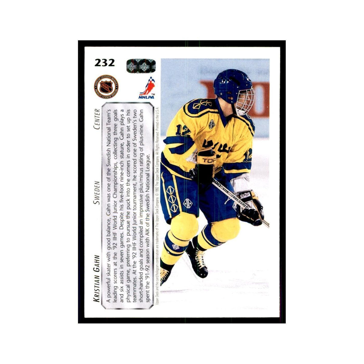 1992 Upper Deck Kristian Gahn Hockey Cards #232