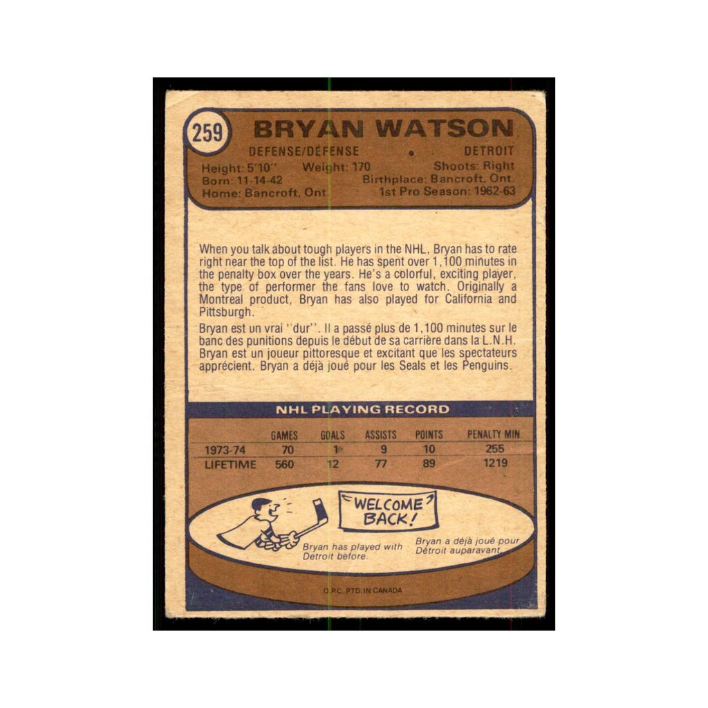 1974 O-Pee-Chee Bryan Watson (Damaged) Detroit Red Wings #259