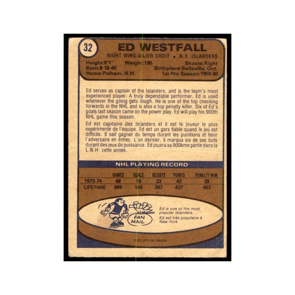 1974 O-Pee-Chee Ed Westfall (Damaged) New York Islanders #32