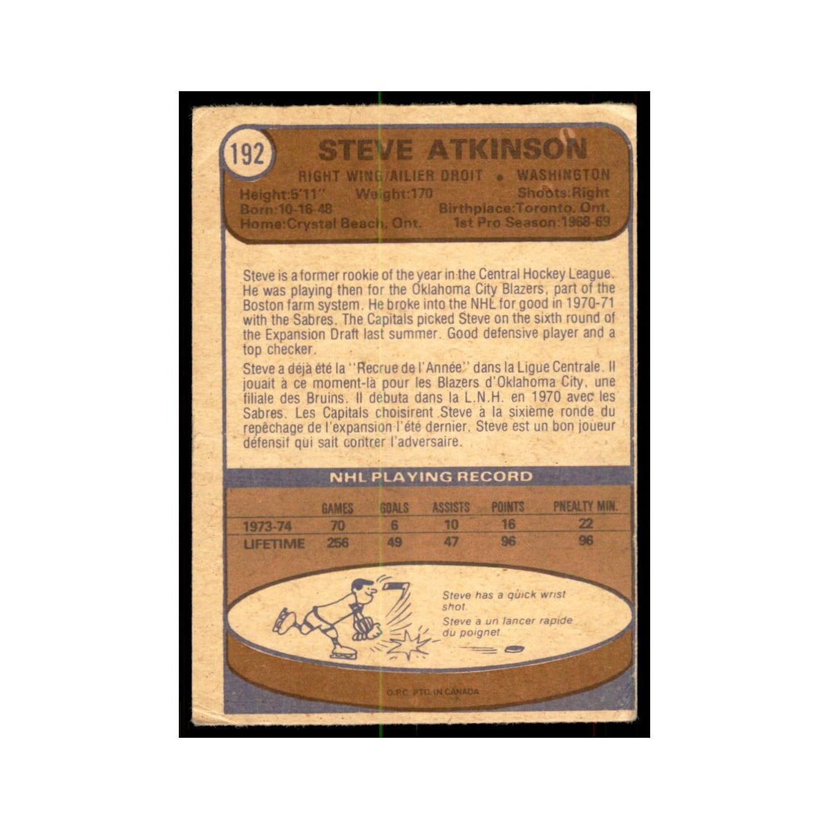 1974 O-Pee-Chee Steve Atkinson (Damaged) Washington Capitals #192