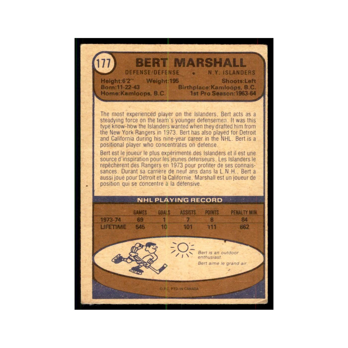 1974 O-Pee-Chee Bert Marshall (Damaged) New York Islanders #177