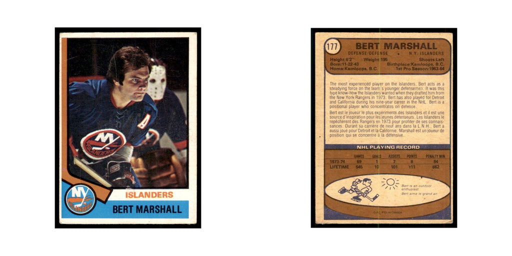 1974 O-Pee-Chee Bert Marshall (Damaged) New York Islanders #177