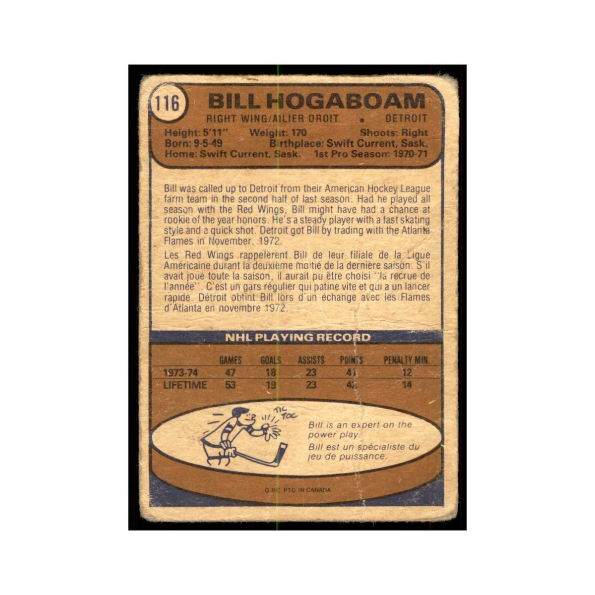 1974 O-Pee-Chee Bill Hogaboam RC (Damaged) Detroit Red Wings #116