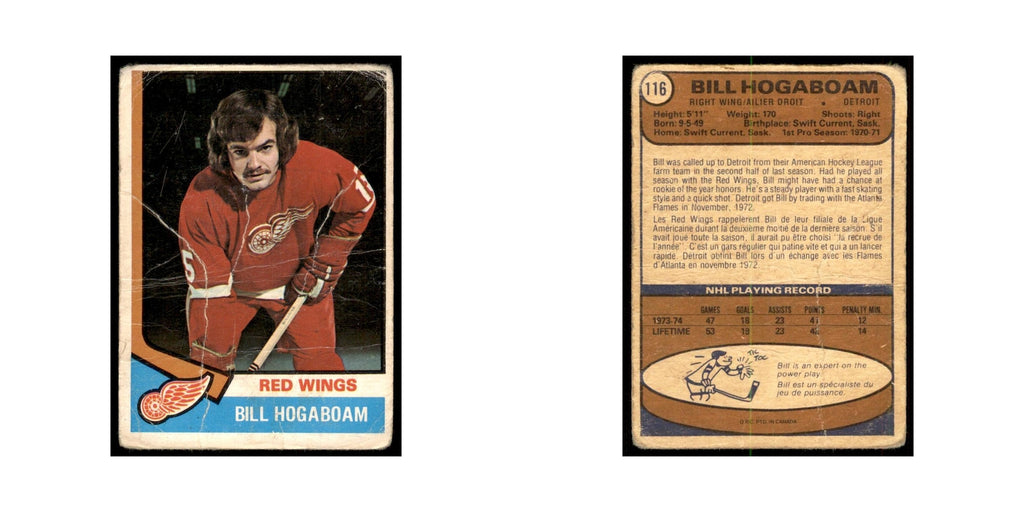 1974 O-Pee-Chee Bill Hogaboam RC (Damaged) Detroit Red Wings #116