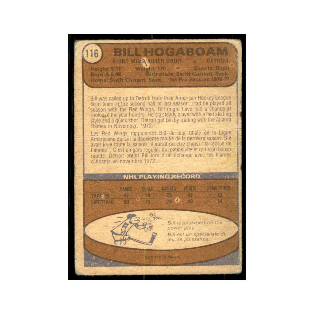 1974 O-Pee-Chee Bill Hogaboam RC (Damaged) Detroit Red Wings #116